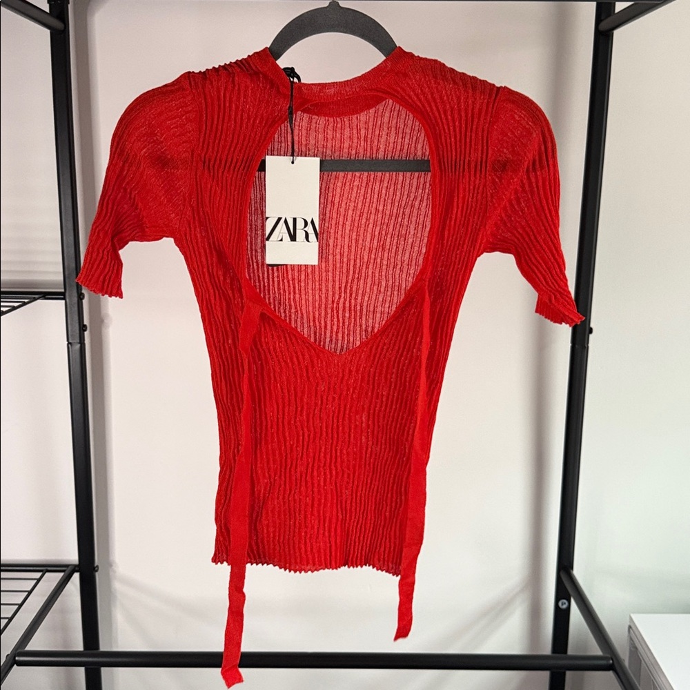 Zara Red Sheer Textured Short-Sleeve Women's Top